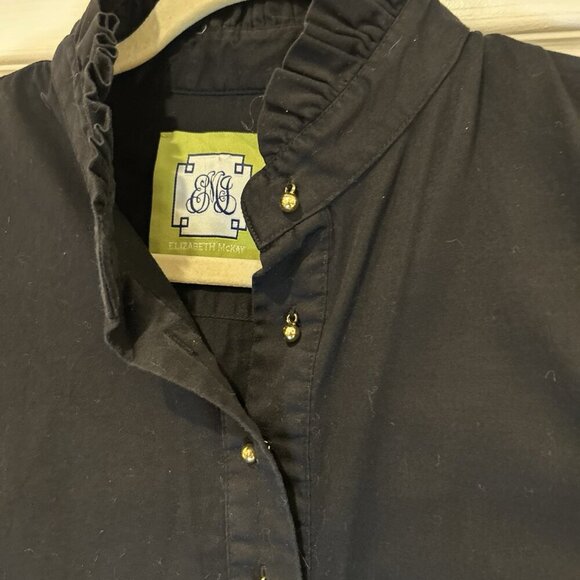 Elizabeth McKay Womens 8 Black Blouse Ruffle Neck‎ Gold Buttons Tuxedo Style - Picture 4 of 10